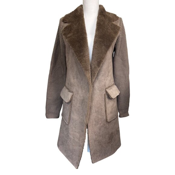 Anthropologie Womens M Taupe Faux Suede & Knit Long Coat W/Faux Shearling Collar - Picture 3 of 13